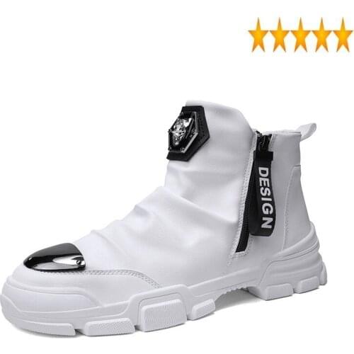 Top High Mens Casual Fashion Metal Toe Pu Leather Joggers Sneakers Zipper Hip Hop Skateboard Shoes White Zapatos De Hombre