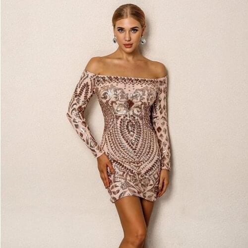 High Quality Fashion Khaki Black White Slash Neck Bright Bodycon Dress Club Party Sexy Dress