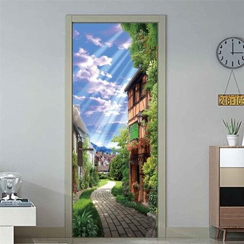 Funny Greenfield Town Under The Sun Bonsai Door Stickers Waterproof Wallpapers DIY Removable Mural Self-adhesive For Living Room