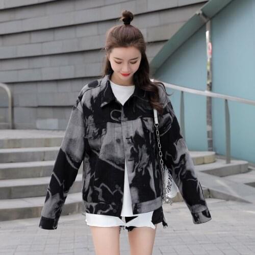 New Black Denim Jacket Runway Women Spring Autumn Tie-Dye Single-breasted Jean Jackets Loose Coat Large Size Fried Street Jacket