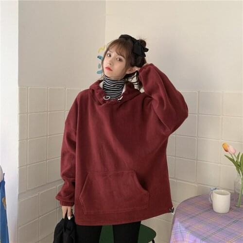 Womens Loose Hoodie Korean Version Of Solid Color Fleece Jacket Thick Warm Pullover Girl Student Sweatshirt Casual Clothes