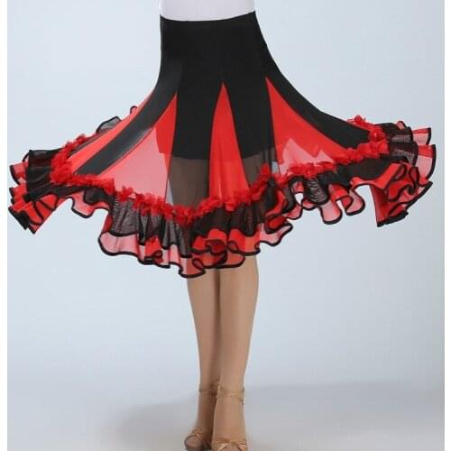 Women Modern Ballroom Dance Skirt Flamenco Tango Waltz Latin Rumba Costume Floral Pleated Dress 810-195