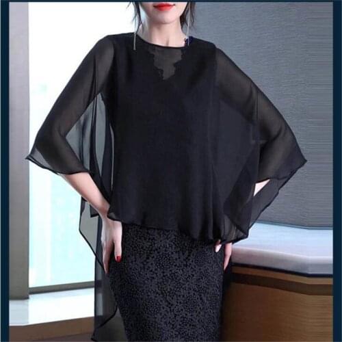 Womens Elegant Vintage Chiffon Blouses Woman Loose Short Front And Long Back Shawl Smock Tops Large Size Female Blouse
