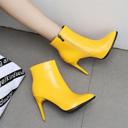 Women Fashion Zipper Autumn Winter Ankle Boots Sexy High Heeled Boots Female Pointed Toe Thin Heel Short Boots Black Blue yellow