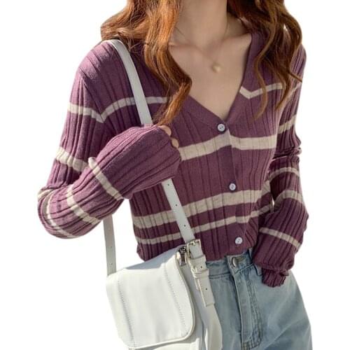 Antumn Women Cardigan Soft Waxy Knitted Gentle Wind Thin Striped Long-sleeved Short Sweater