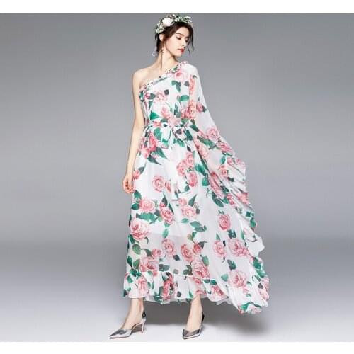 2021 Womens Summer Dress Vacation Casual Style Slanted Collar Printed Lace-up Ruffle Dress New Waist Female Dresses X292