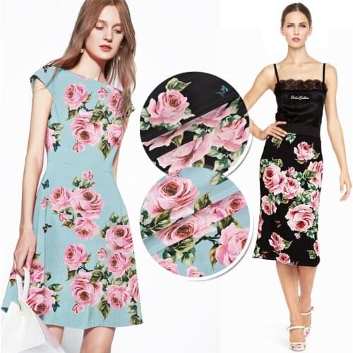 108CM 28MM Pink Rose Print Stretch Blue Black Heavy Silk Crepe Fabric for Spring Summer Dress Blouse Skirt Shirt Pants JH171