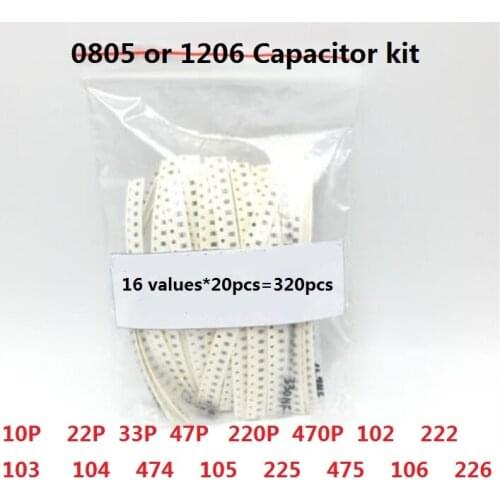 16 values*20pcs=320pcs 1206 0805 SMD Capacitor assorted kit 10PF~22UF Samples kit 22P 33P 47P 220P 470P 102 104 225 475 106 226