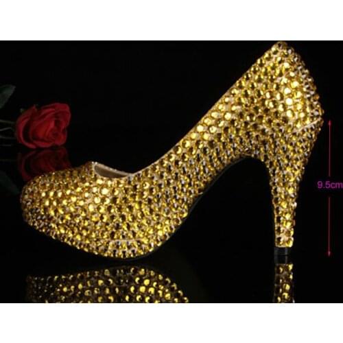 2020 Sexy Party Shoes with Rhinestones Women Wedding Dress Shoes High Heels Pumps Girls Dress Shoes Gold Color for Bridal