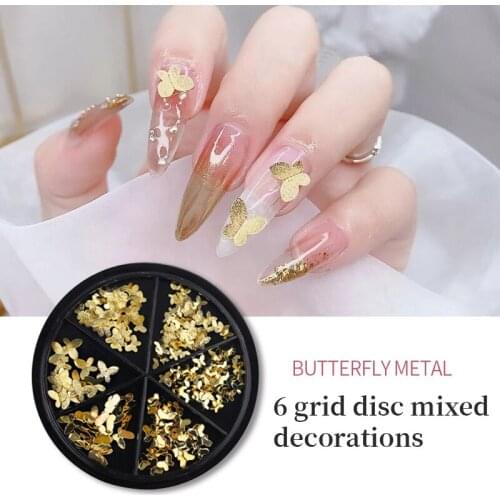 1 Box of 6 Grids Irregular Shaped Metal Alloy Butterfly Heart-shaped Various Style Suits DIY Nail Art Decoration Accessories Hot
