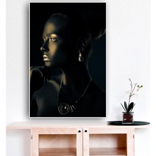 African Black Gold Nude Woman Canvas Painting Portrait Poster and Print Wall Art Picture for Living Room Home Decoration Cuadros