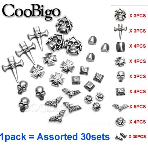 30 Sets Metal Rivets Spikes Studs for Leather Bracelet Clothes Shoes Bag Belt Parts DIY Craft Accessories Punk Rock Skull Cross