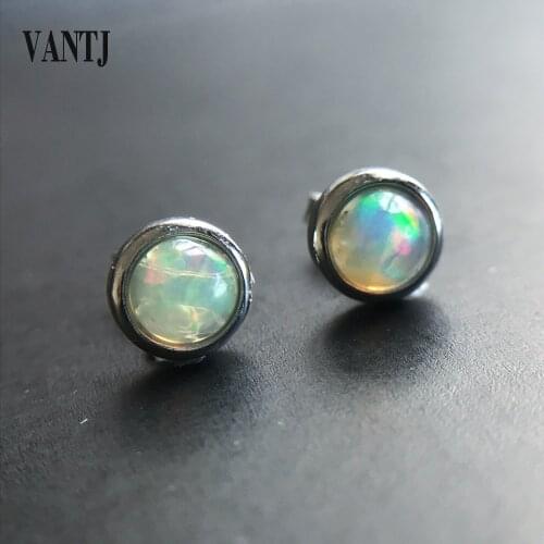 Real Natural Opal Earrings Sterling 925 Silver Gemstone Round 5mm for Women Wedding Anniversary Party Classic Fine Jewelry Gift