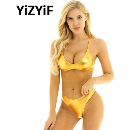 Bikini Women Swimsuit Shiny Metallic Swimwear Strappy Cross Back Crop Top with Low Rise Briefs Underwear bikinis swim Suit