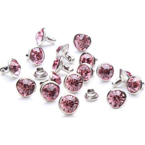 100Sets 6mm&8mm Light Rose Crystal Rhinestone Rivets Studs Silver Metal Base for Clothing Bag Leathercraft Rivet