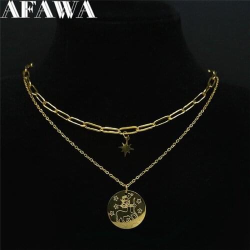 2pcs 12 Constellations Stainless Steel Sagittarius Layered Necklace Gold Color Star Necklace Jewelry collier inoxydable N9202S02
