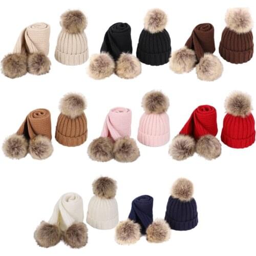 L93F 2pcs Children Knitted Beanie Hat Scarf Set Cute Infant Baby Fake Ball Pom Pom Warm Winter Beanies