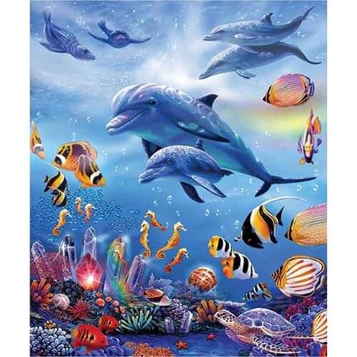 5D Diy Diamond Painting Dolphins Animal Full Round Diamond Embroidery Cross Stitch Diamond Crystal Wall Painting