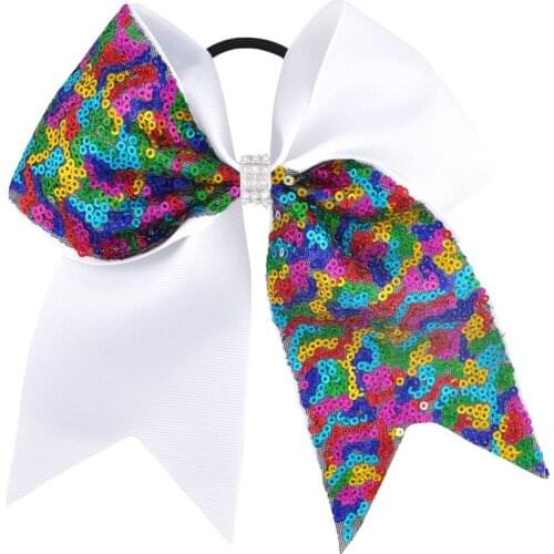 7 inch Rhinestone Hair Bow Large Hair Bow Rainbow Ribbon Sequins Elastic Hair Band Children Girls Cheerleading Hair Accessories