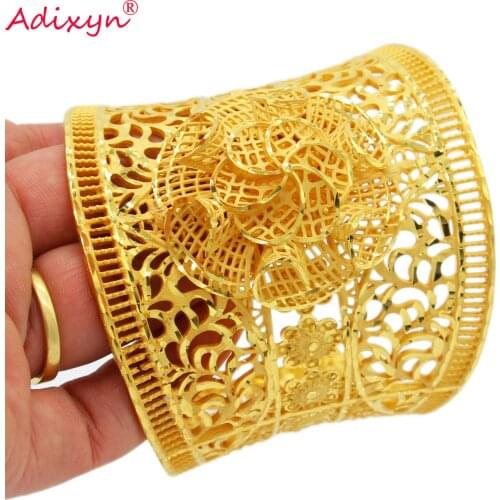 Adixyn 2021 Dubai Flowers Shape Bangle for Women 24K Gold Color Bracelets Jewelry Ethiopian Arabic African Trendy Bangle N01062