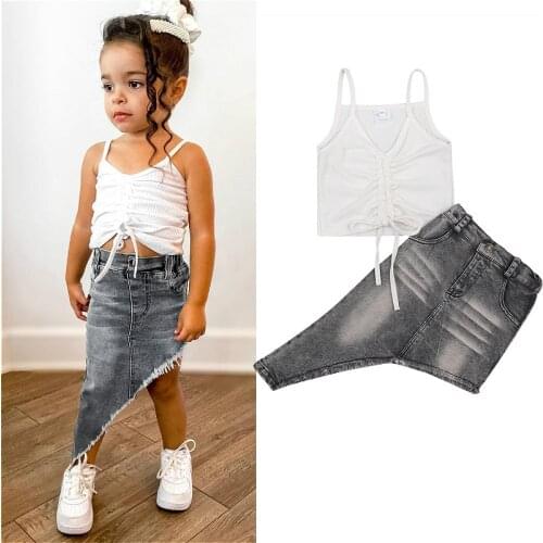 1-6Y Kids Baby Girls Clothes Sets 2021 Summer Sleeveless Drawstring Crop Tops +Irregular Denim Skirts Fashion Children Outfits