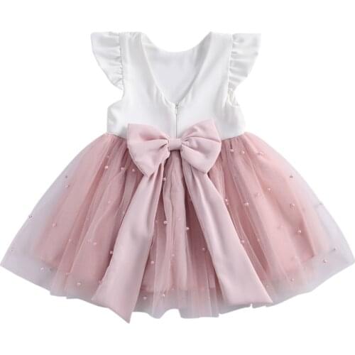 FOCUSNORM 0-8Y Princess Infant Baby Girls Dress Ruffles Sleeve Solid Pearl Lace Patchwork Back Bowknot Tutu Dress