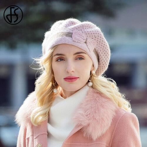 FS French Beret Hat For Women Warm Wool Hats 2020 Winter Beanie Caps Vintage Bowknot Black Beret Hats Elegant Ladies Casual