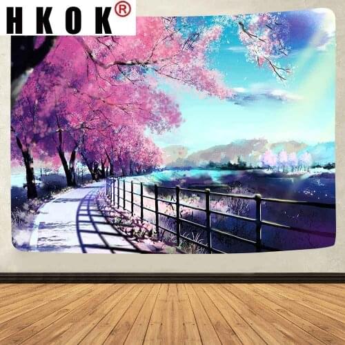 HKOK Trippy Japanese Style Tapestry Cherry Blossom Tree Forest Tree Backdrop Wall Hanging Tapestries for Living Room Home Decor