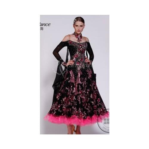 Customize black rose red rhinestone flowers ballroom Waltz tango salsa Fox trot Quick step dress black pool competition