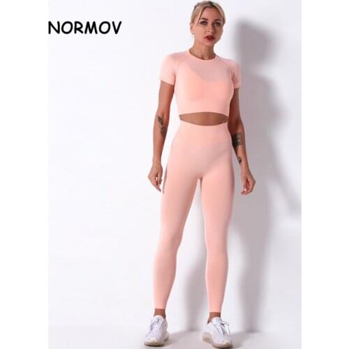 NORMOV Casual Women Sets Seamless O Neck Short Sleeve Pullover And Push Up Trousers Suit Solid Skinny Femme Sets
