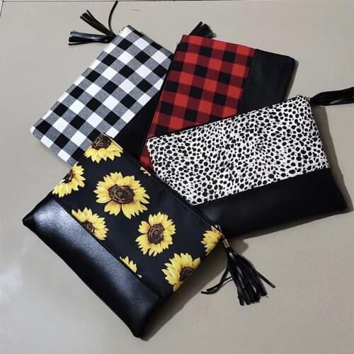 Fashion Tassel Sunflower Wristlet Purse Lady Leopard PU Leather Women Buffalo Plaid Canvas Cosmetic Bag Cheetah Zipper Clutch