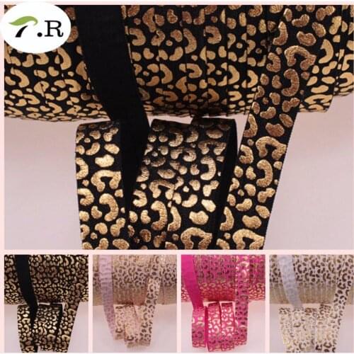 4 Colors Gold Foil Leopard print FOE ribbon 5/8 fold over elastic with cheetah, 50 yards/lot Free shipping