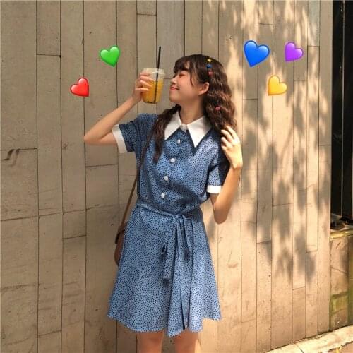 Summer Womens New Korean Turn-down Collar Stitching Dot Short Sleeve Dress Sweet Student Dress