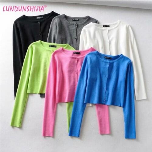 LUNDUNSHIJIA Women Fashion Casual O-Neck Long-Sleeve Cardigans Tops Single Breasted Elastic Knitted Thin Sweater Crop Tops