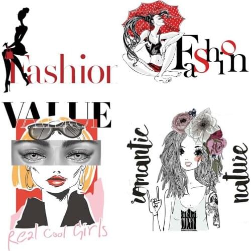 Fashion Girls Thermo Lady Patches For Clothes DIY T shirts Iron on Patch Heat Transfer Stickers Washable Appliques For T-shirt