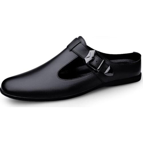 Genuine Leather Hollow Out Mens Shoes Brand Quality Summer Breathable Men Half Slippers Fashion Business Sandals Men Mules Shoe