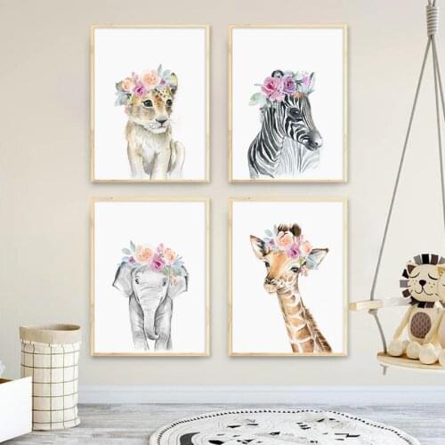 Flower Animal Canvas Poster Lion Zebra Elephant Giraffe Nursery Wall Art Print Painting Wall Pictures Kids Baby Bedroom Decor