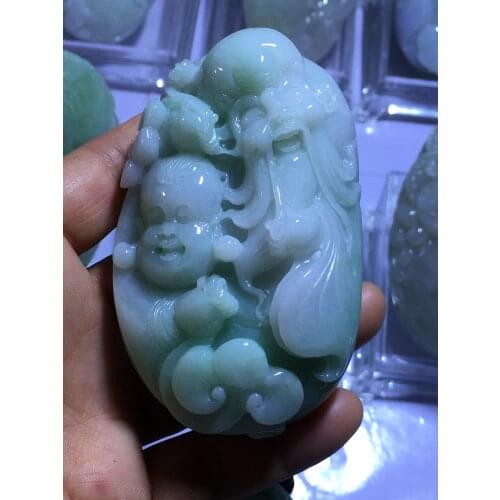 Natural Myanmar jade A HandCarved Buddha longevity jadeite jade green jade pendant jade necklace pendants jewelry necklaces