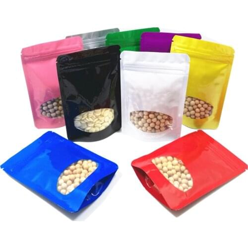 100Pcs Glossy Aluminum Foil Zip Lock Stand Up Bag with Clear Window Self Seal Resealable Reusable Tear Notch Doypack Food Snack