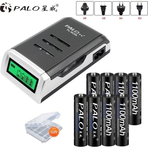 PALO 8pcs AAA Batteries 1100mAh +LCD Display Intelligent Battery Charger For 1.2v AA AAA NiCd NiMh Rechargeable Batteries