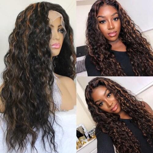 Lace Wig Highlight Ombre Synthetic Wave Wigs #1b/30 Deep Wave T Part Wigs For Women 22inch