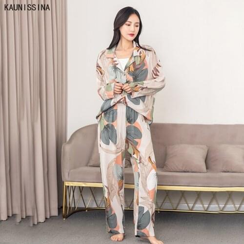 Women Autumn Summer Pajamas Set Cotton Loungewear Long Sleeve Turn-Down Collar Shirts and Long Pants Print Pajama Loose Homewear