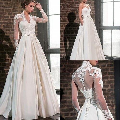 Vintage 2020 Sweetheart Satin Wedding Dress with Jacket Long Sleeve Floor Length Bridal Gowns Pockets Robe De Mariage Customed