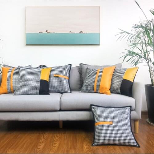 High quality orange houndstooth PU stitching cushion cover throw pillowcase for home decoration