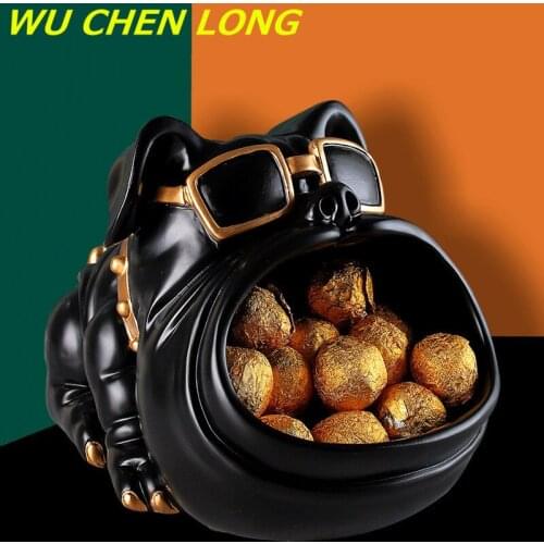 WU CHEN LONG Big Mouth Dog Storage Ornaments Craft Candy Jar Resin Figurines Cool Animal Sunglasses Desk Home Decor Modern R5724