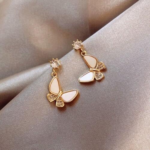 2021 korean fashion crystal Opal butterfly dangle earring for women girls elegant Trendy Gold color drop earring female aretes