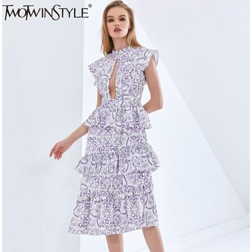 TWOTWINSTYLE Sexy Print Summer Dress For Women Hollow Out High Waist Ruffle Sleeveless Dresses Female Womens Clothing New 2021