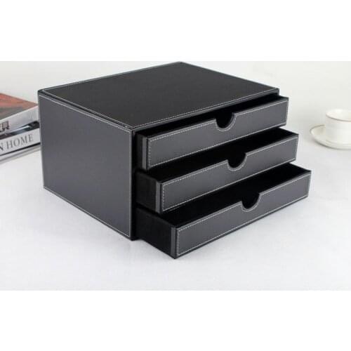 Horizontal 3-layer 3-drawer wood struction leather desk filing cabinet storage box office organizer document container black217A
