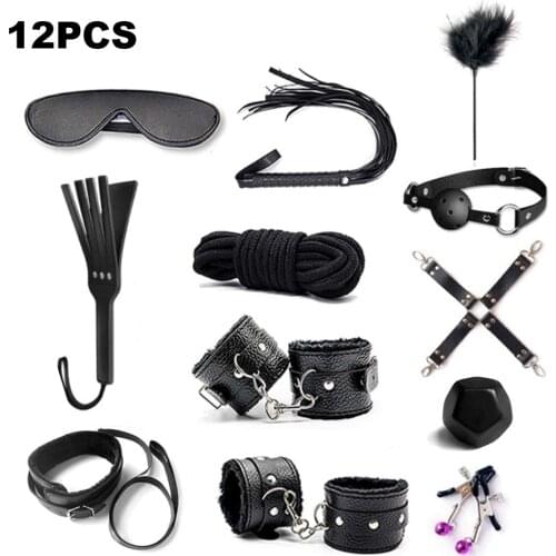 Adult Games Leather Bondage BDSM Kits Handcuffs Sex Toys for Couples Whip Gag Tail Plug Nipple Clamps SM Women Accessories