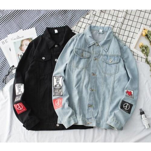 Black Blue Printed Denim Coat Mens Casual Trend All-match Classic Tops Washed Denim Jacket Lapel Four Seasons Male Clothes M-3XL